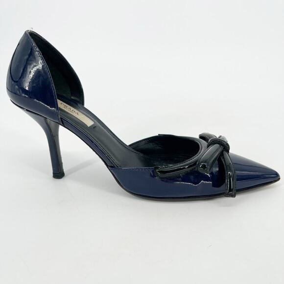 Prada Navy Blue Black Patent Leather Bow Pointed Toe D'Orsay Pump size IT 36.5 - Picture 2 of 11